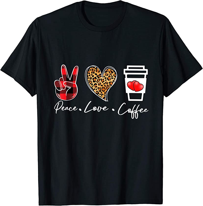 Red Plaid Leopard Peace Love Coffee Lovers Hippie T-Shirt