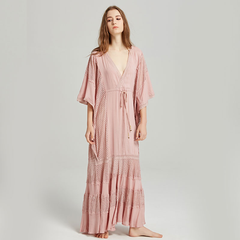 Summer new women’s wear travel Bohemian island holiday beach dress sexy V collar back hollow-out ultra-loose long dress alx