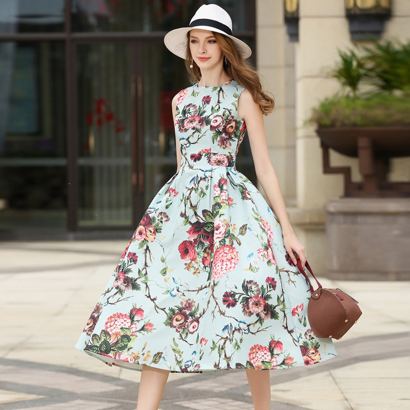 Autumn Sleeveless Floral Print Long Dress Elegant O Neck Rushed Pleated Large Swing Flower Beach Sexy Long Dress Female Vestidos alx