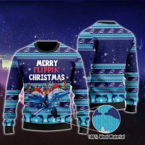 Merry Flippin’ Christmas Dolphins Happy Xmas Wool Sweater