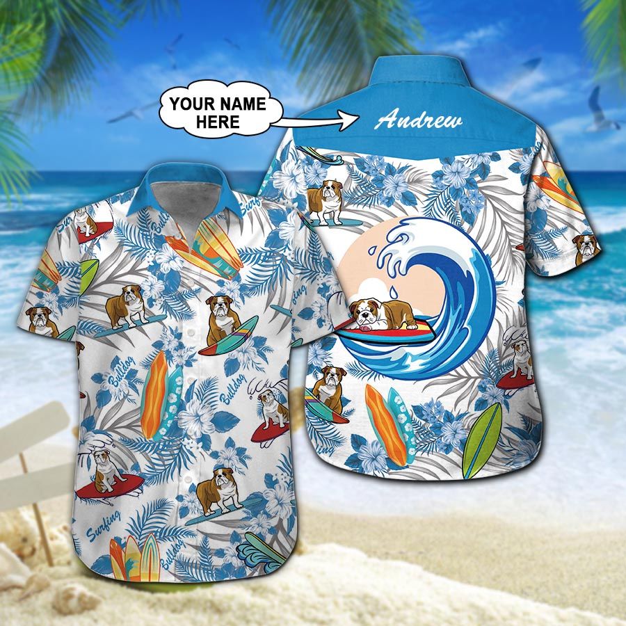 Bulldog Surfing Custom Name Hawaiian Shirt 210 ND4684