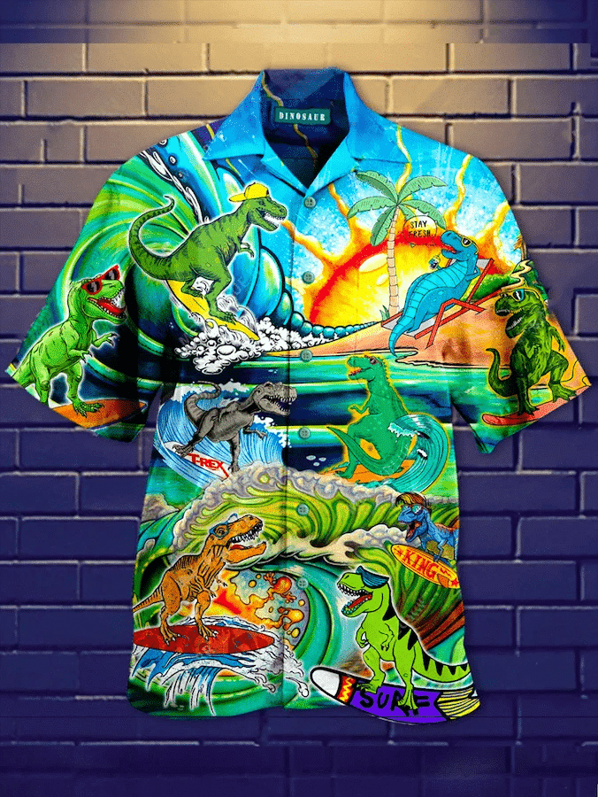 High Quality Funny Dinosaur Surfing On The Summer Beach Hawaii Aloha Shirts Ha31895