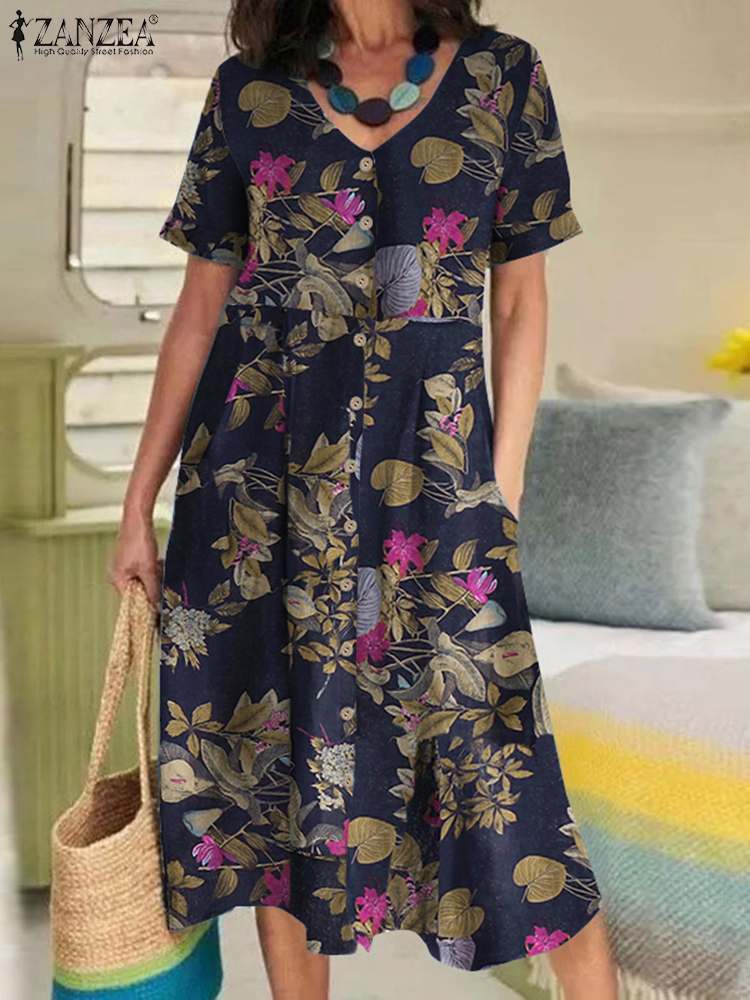 ZANZEA Floral Printed Holiday Beach Dress Summer Women Sundress Fashion Casual Vestidos Femme Loose Kaftan Mid-calf Robe 2022 alx