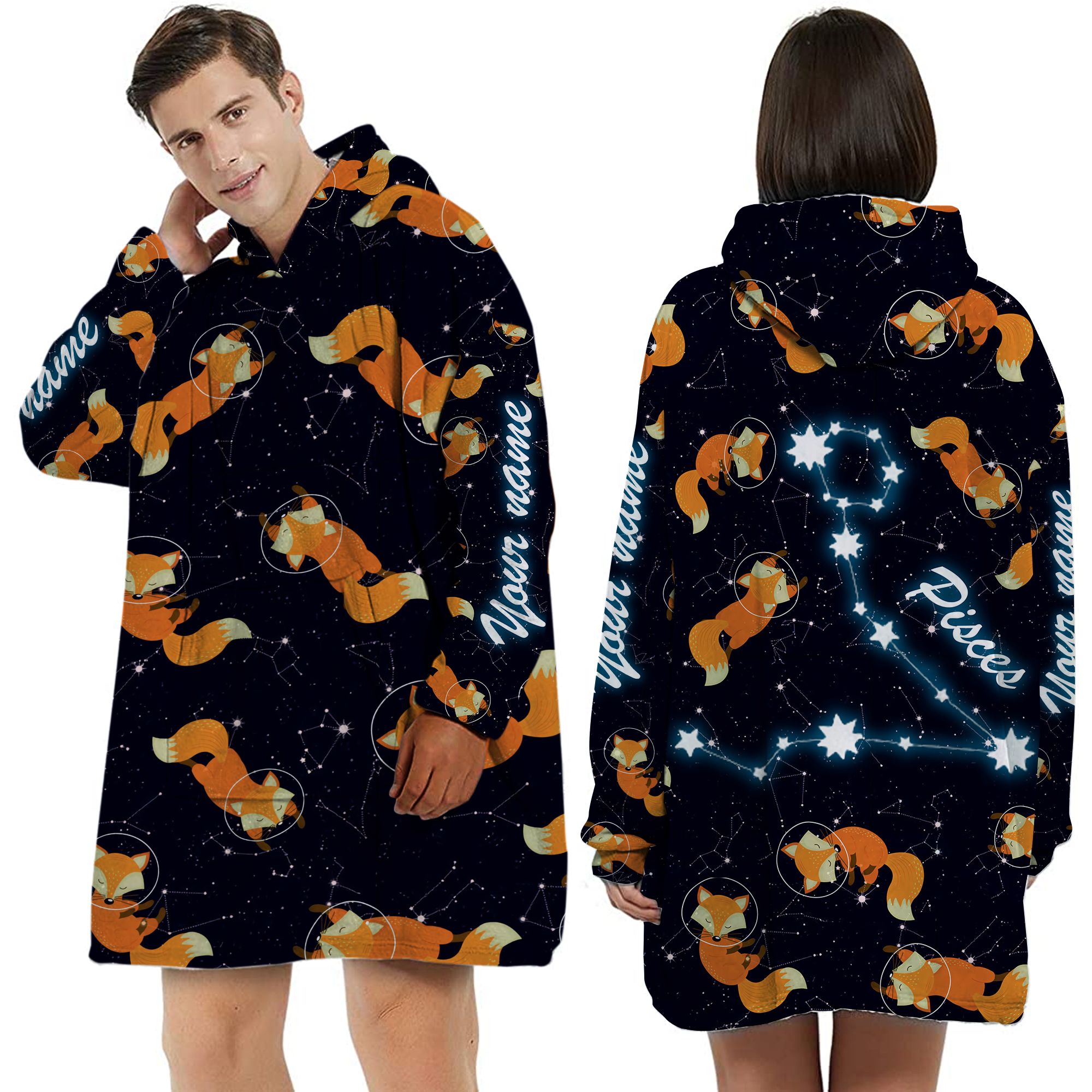 Zodiac Pisces Foxes Custom Name Huggle Hoodie For Animal And Astronomy Lovers