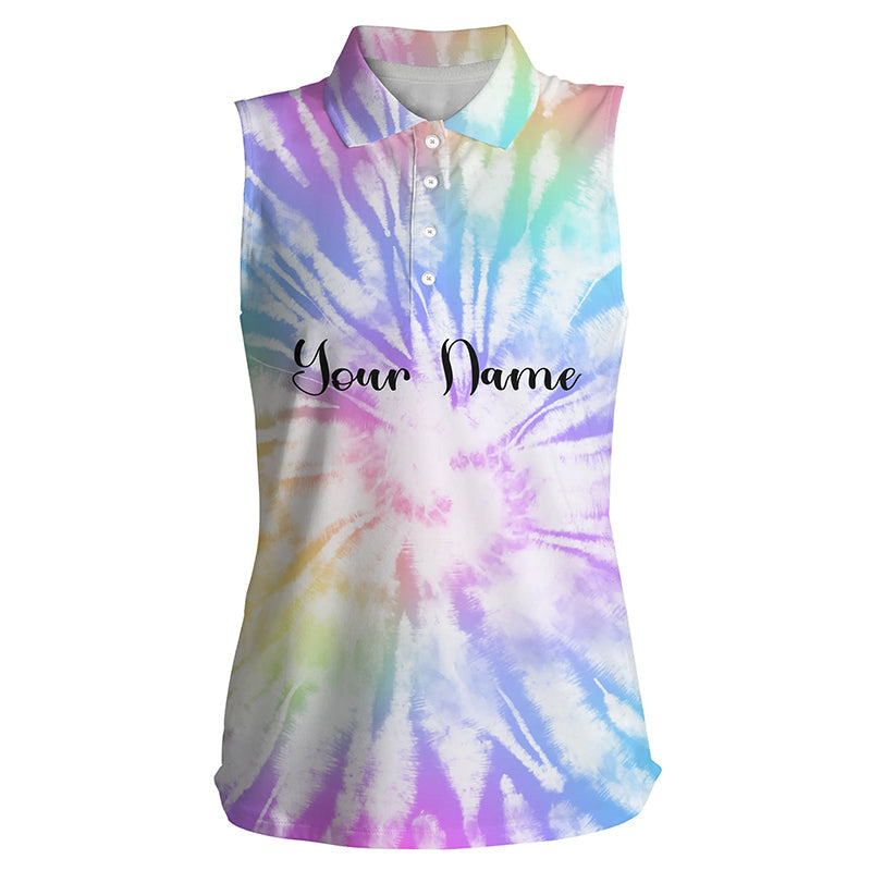 Women’S Sleeveless Polo Shirts Watercolor Tie Dye Background Custom Name Golf Shirt