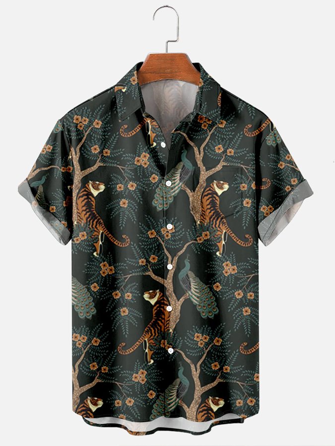 Hawaii Shirt Tropical Plant Tiger Print Short Sleeve Cotton Blend Ha74035