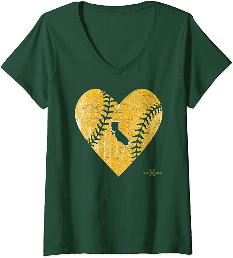 Womens Vintage Oakland Baseball Heart V-Neck T-Shirt