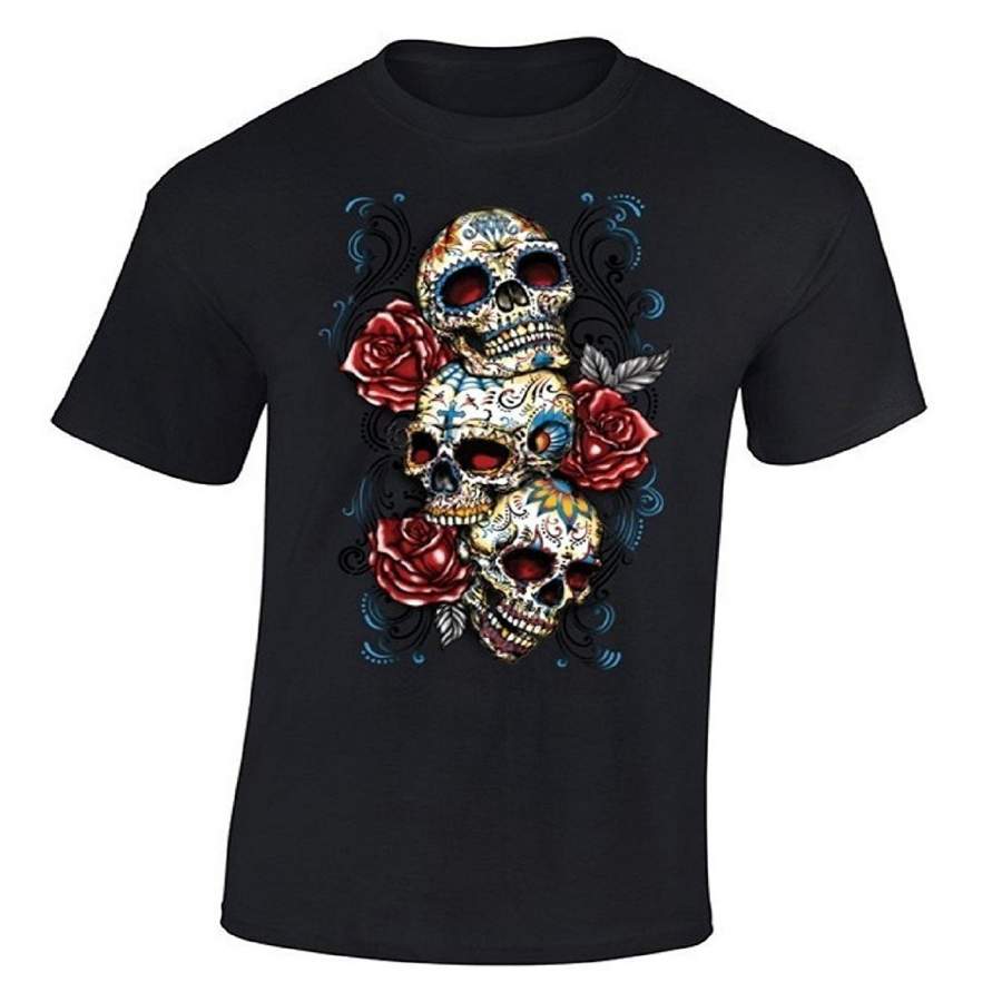 Raxo Sugar Skulls Roses T-Shirt Day Of Dead Flowers Dia De Los Muertos Shirt Men Fashion Cotton T-Shirts