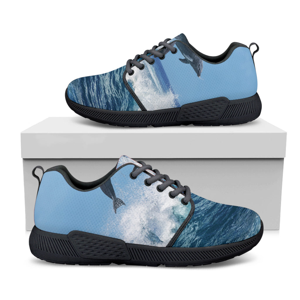 Dolphins Jumping Over Waves Print Black Athletic Shoes