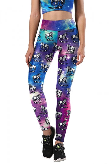 Women Skinny Fitness Halloween Unicorn Printed Leggings Sapphire Blue