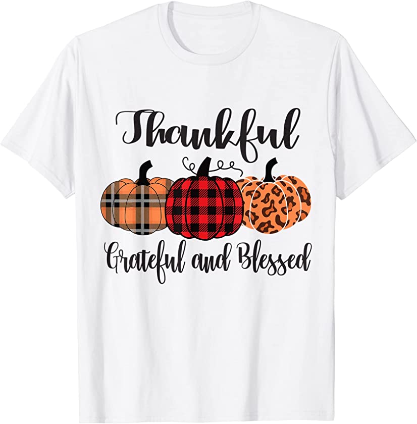 Thankful Grateful Blessed Plaid Leopard Pumpkin Thanksgiving T-Shirt