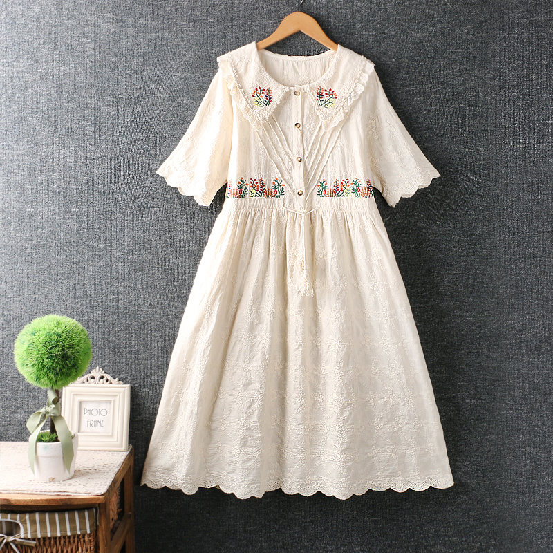 Summer Sweet Embroidery Dress Women Short Sleeve Drawstring Waist Casual Midi Dress Ml040306 alx