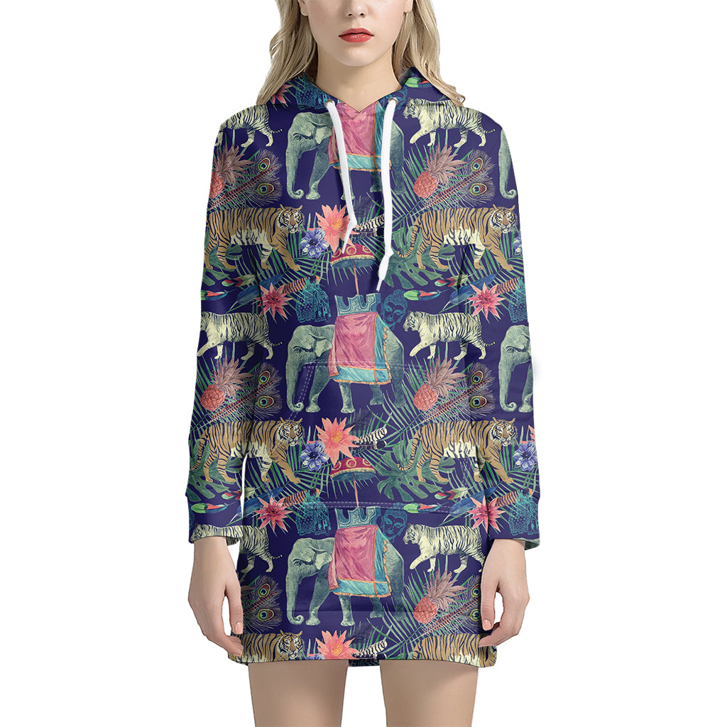 Asian Elephant And Tiger Print Women’S Pullover Hoodie Dress