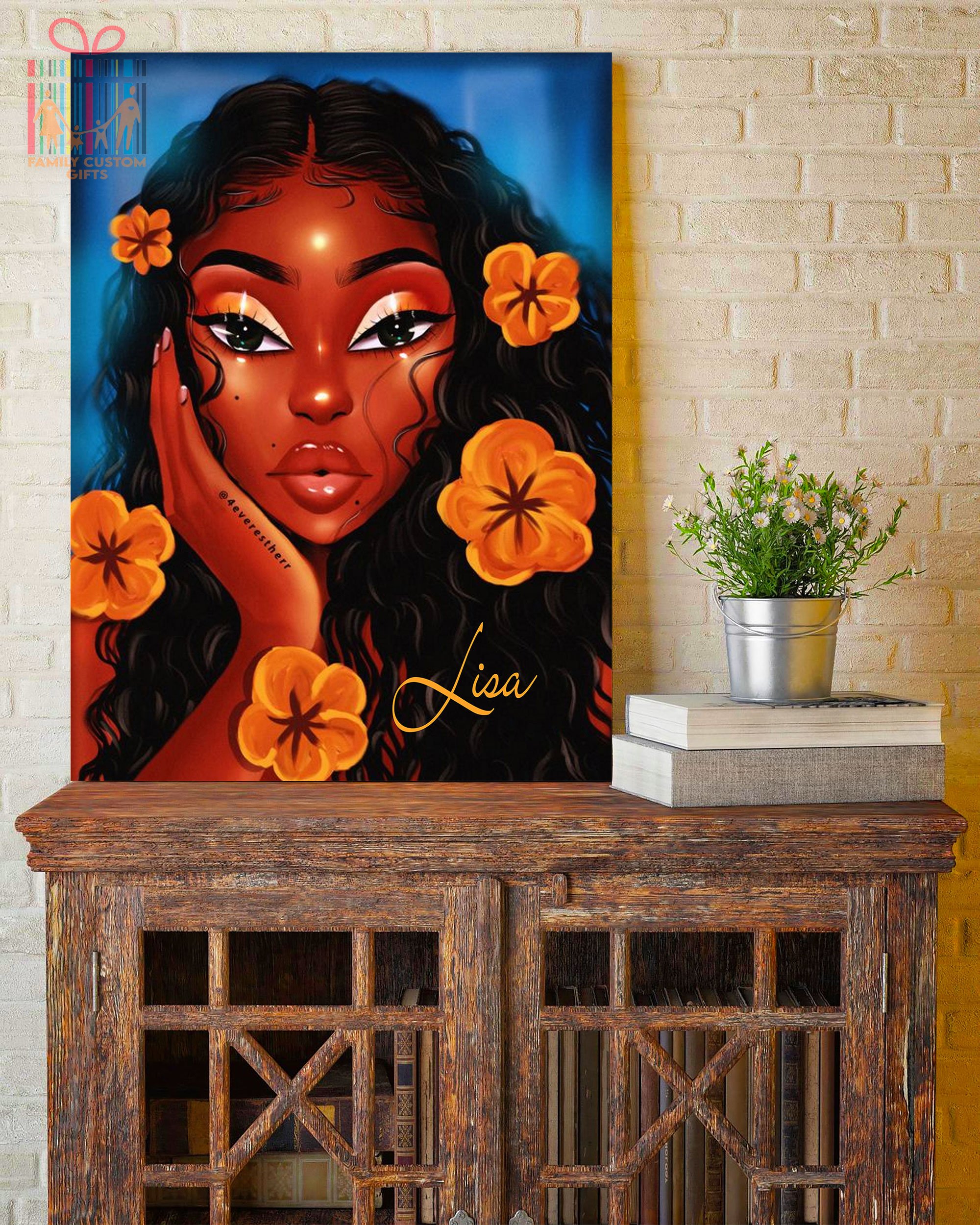 Custom Canvas Print Wall Art American Black Girl Flowers Personalized Gift Canvas Art – Gift for Girls