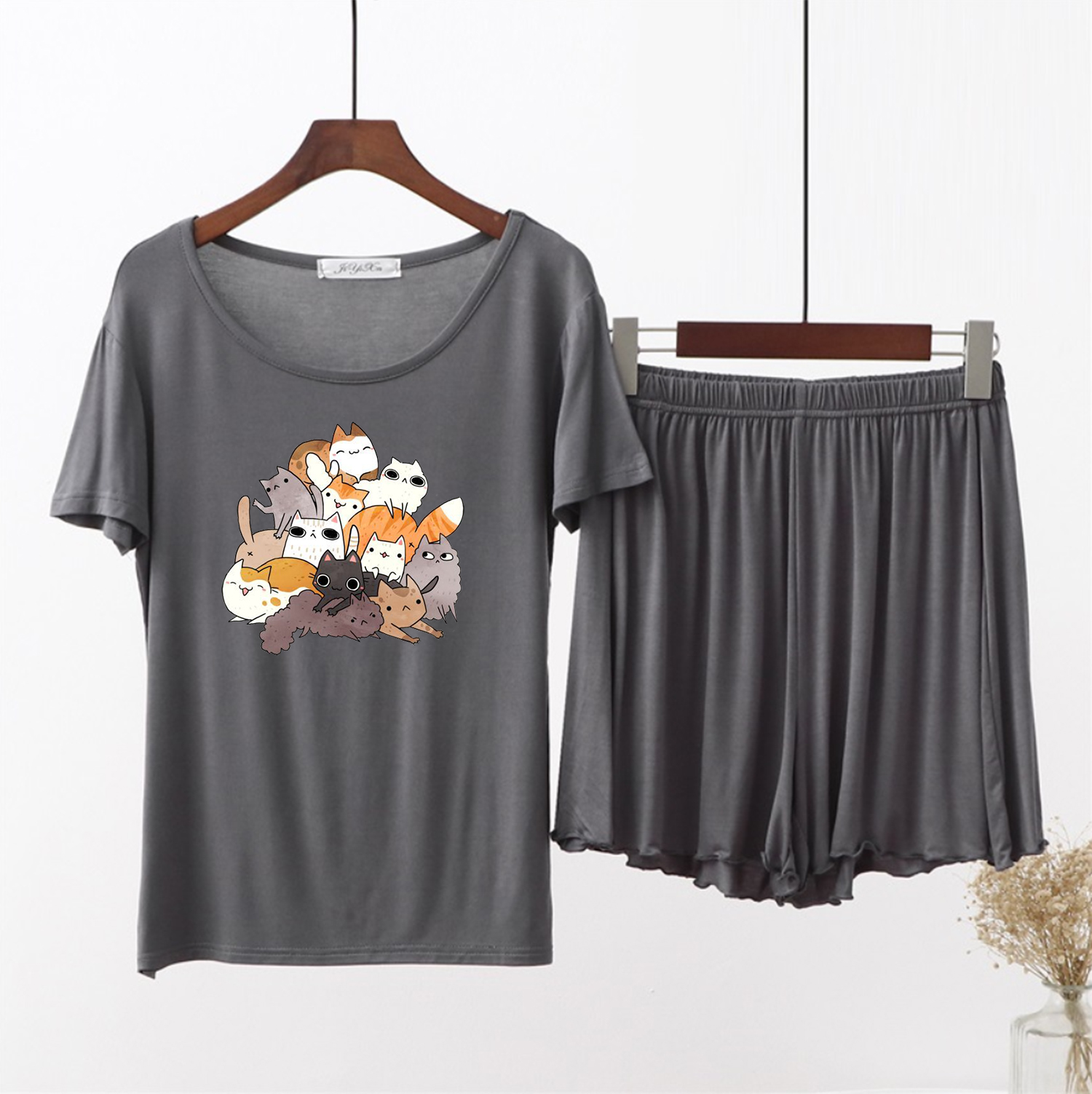 2 Piece Set Modal Women Homewear Girl Cute Cartoon Cats Sleepwear Plus Size Thin Short Sleeve Women Nightwear Summer Pajamas Set alx