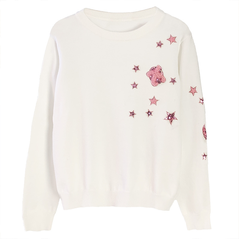 2022 Autumn and Winter Sweet Pullover Embroidery Heavy Industry Bead Embroidery O-Neck Women Knitted White Bottoming Sweater Top alx