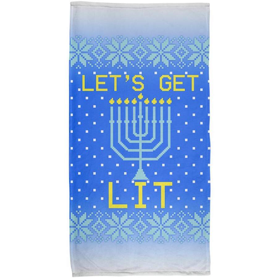 Ugly Christmas Sweater Let’s Get Lit Menorah Hanukkah All Over Beach Towel