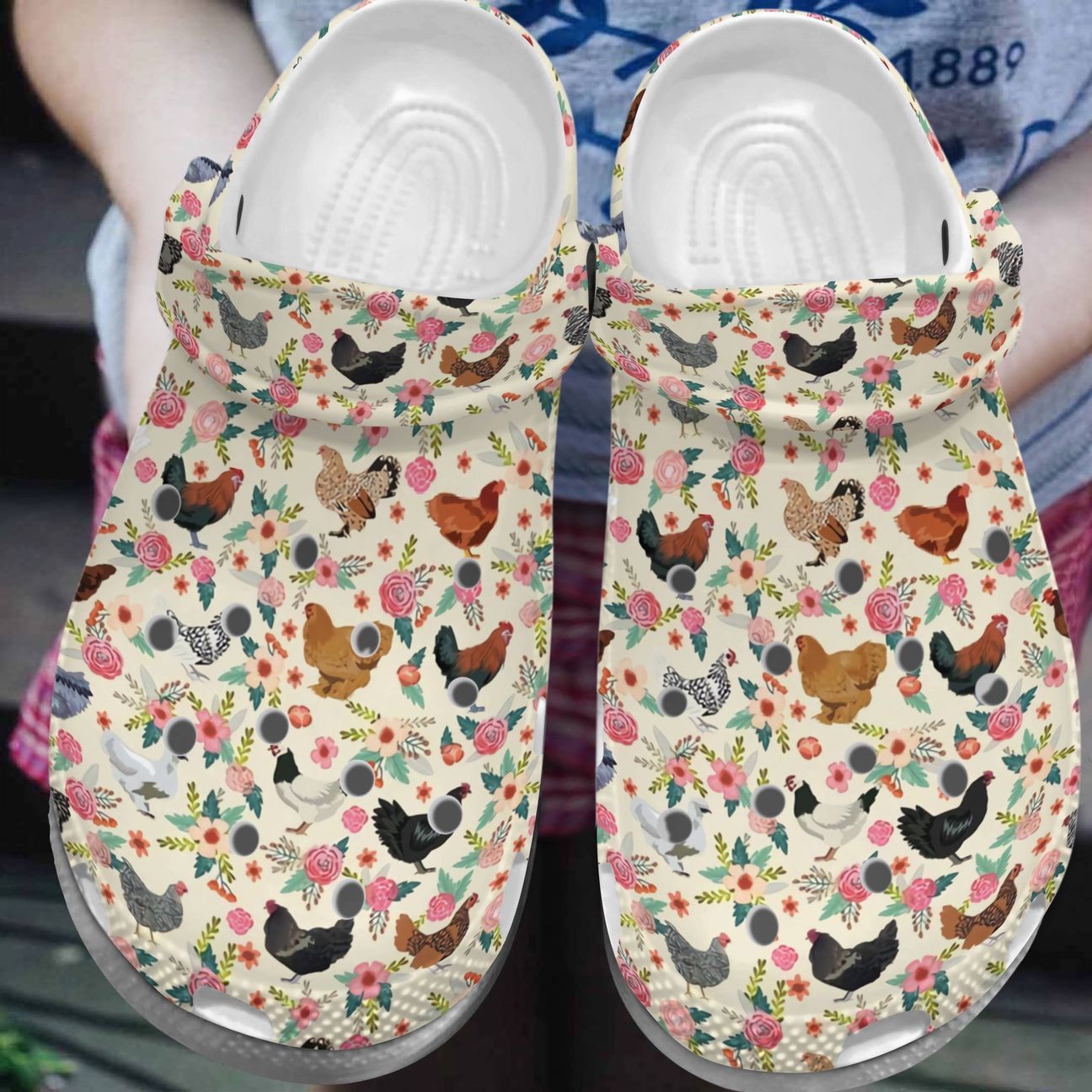 Chicken Personalize Clog, Custom Name, Text, Fashion Style For Women, Men, Kid, Print 3D Whitesole Chicken In Flower Garden