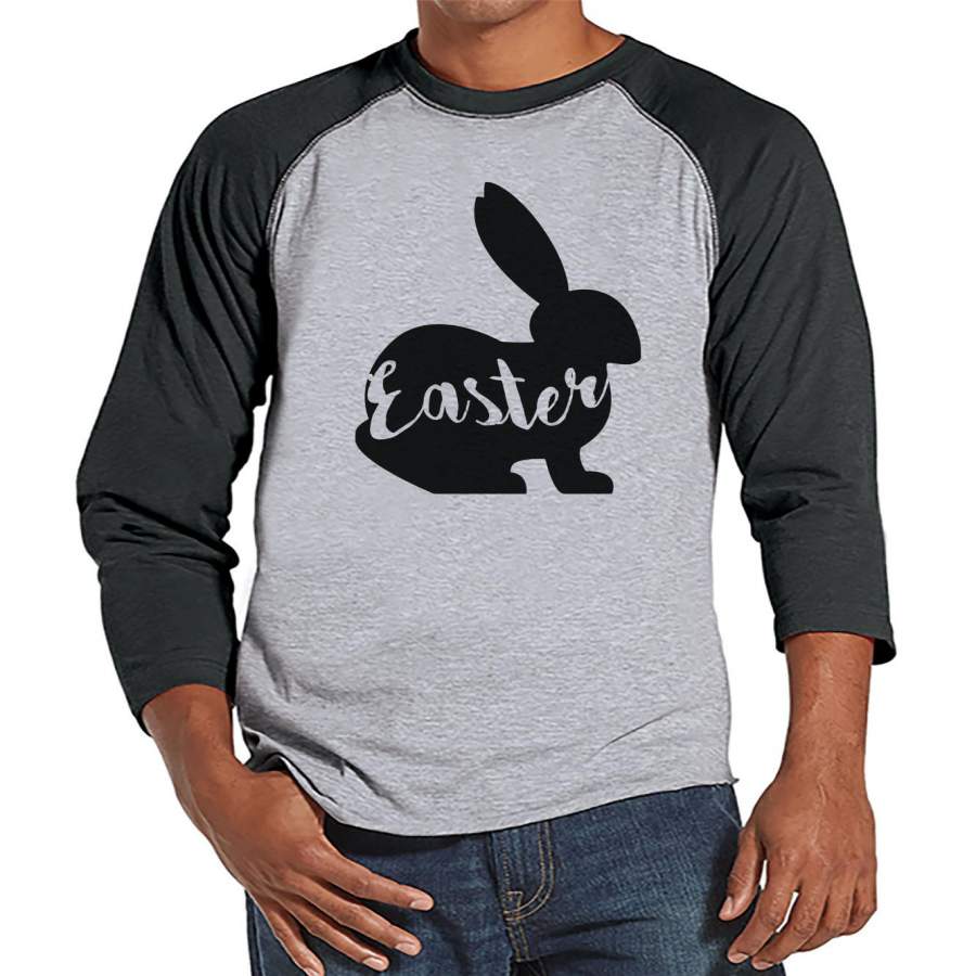 Men’s Easter Shirt – Mens Easter Bunny Happy Easter Shirt – Happy Easter Tshirt – Gift for Him – Matching Family Bunny Shirt – Grey Raglan