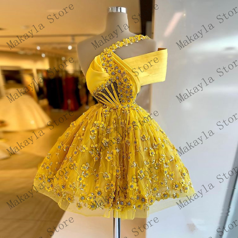 Yellow Fashion Luxury Party Dresses One Shoulder 3D Flowers Pleated Short Mini Length Women Evening Cocktail Gowns Custom Made alx