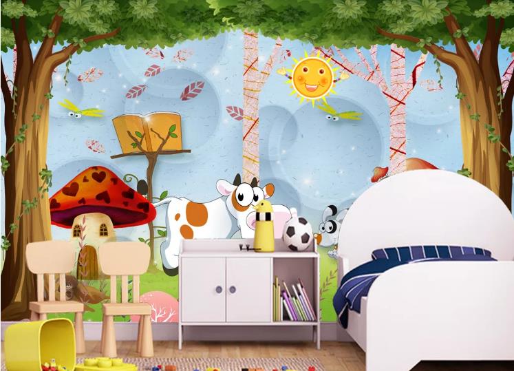 3D Hand Drawn Forest Animal Cow Wall Mural Wallpaper Lqh 513