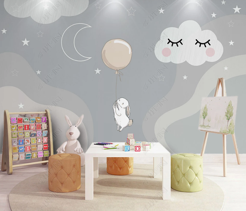 3D Cartoon Sky Cloud Moon Rabbit Wall Mural Wallpaper Lqh 162