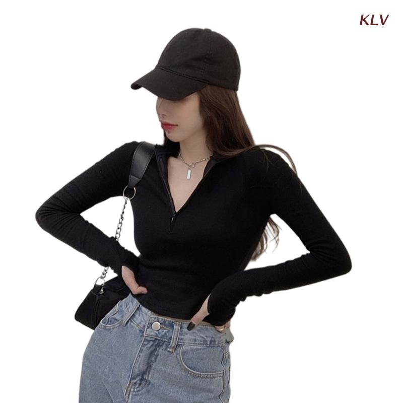 Womens Sexy Sweater Zipper Front Long Sleeve Slim Fitted Ribbed Knitted Pullover Top Cropped Knitted Sweater Muiltcolor 6XDA alx