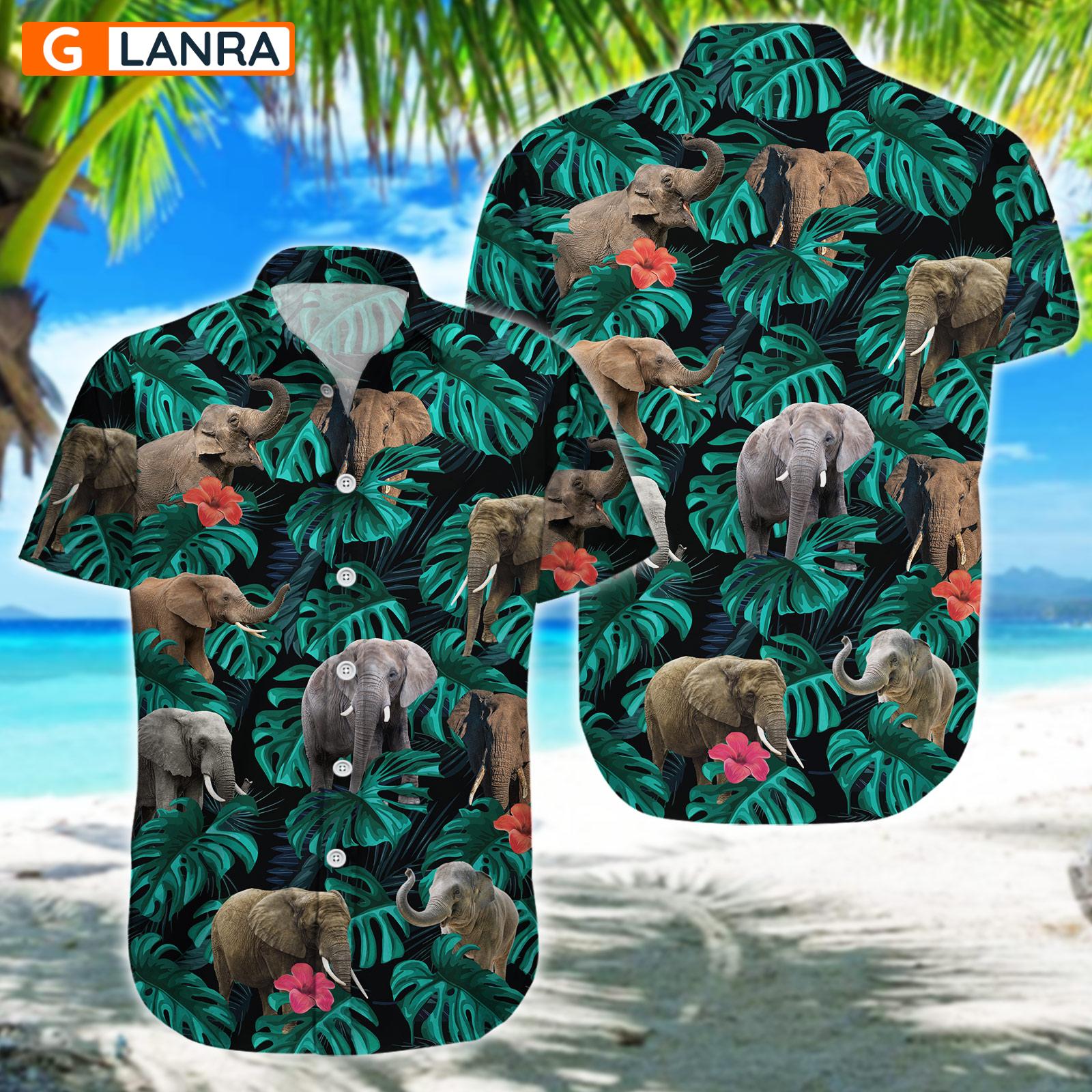 Elephant Palm Leaves Flower Button Shirt, Farm Elephant Button Shirt, Elephant Hawaiian Shirt, Elephant Leaf Hawaiian Shirt, Summer Tropical Shirt