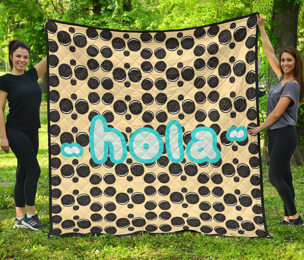 Blue Hola Text Oreo Cookies Patterns With Milk Premium Quilt Blanket