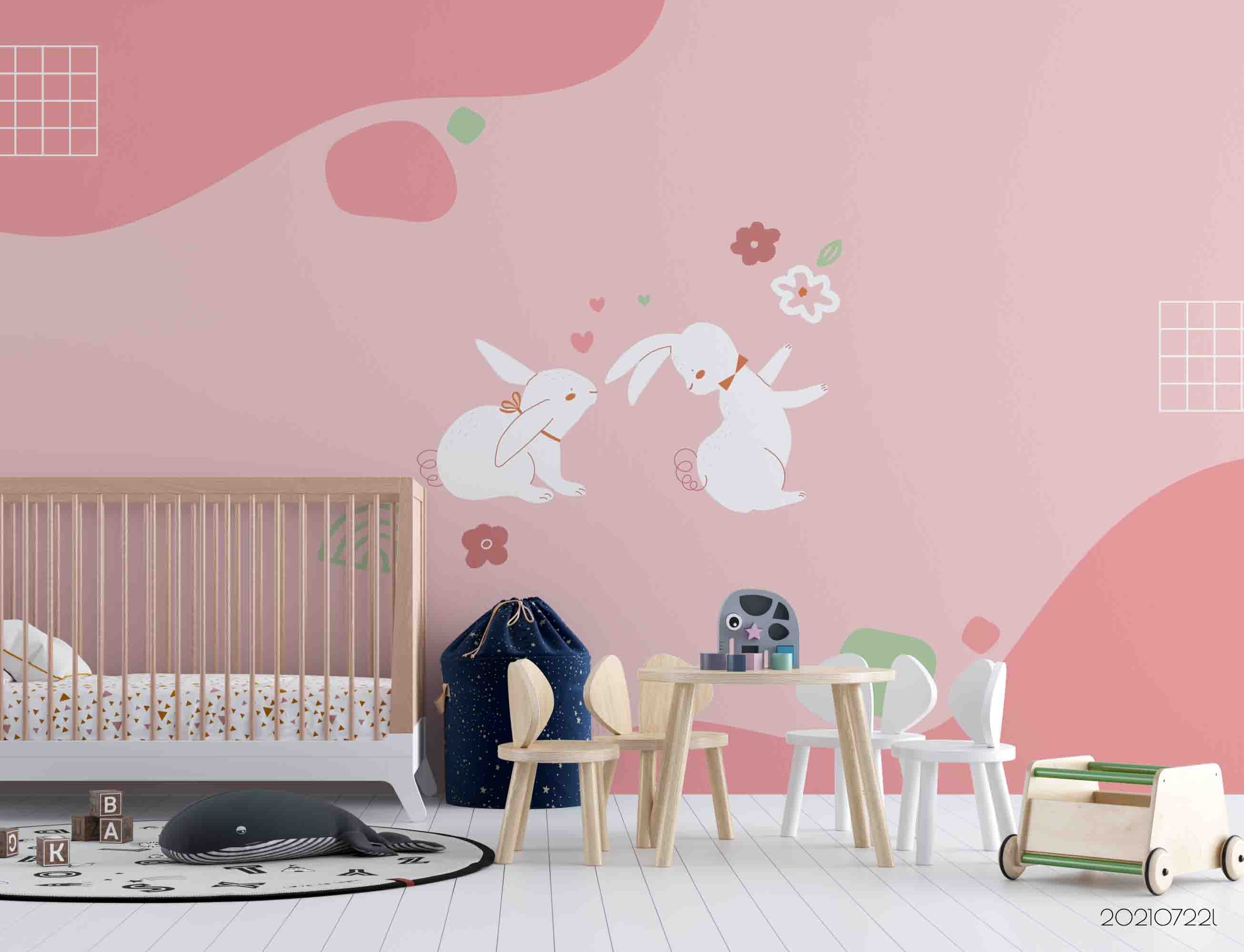 3D Hand-Painted Cute Rabbit Pink Background Wall Mural Wallpaper Sww3559