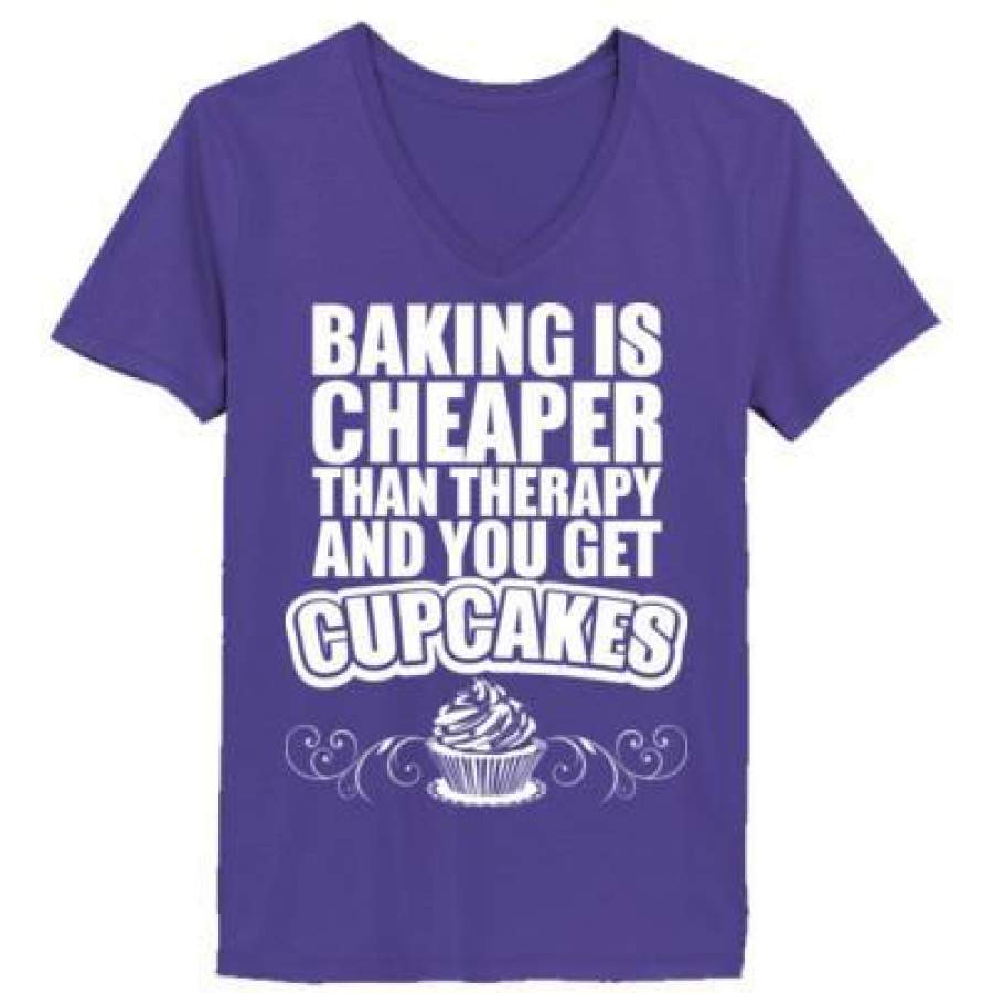 AGR Baking Is Cheaper Than Therapy And You Get Cupcakes – Ladies’ V-Neck T-Shirt