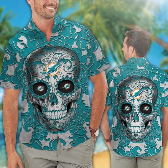 Gift For Husband Gift For Dad Miami Dolphins Sugar Skull Tropical Hawaiian Shirt Mh89