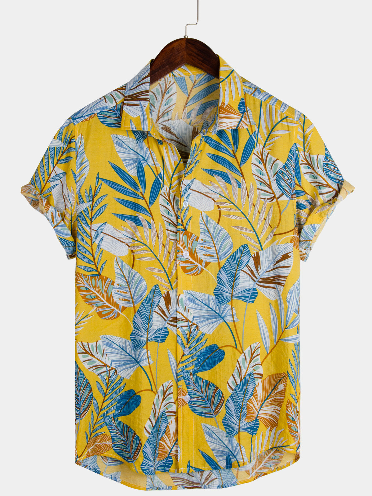 Tropical Leaf Summer Button Up Yellow Short Sleeve Hawaii Shirt Ha39041