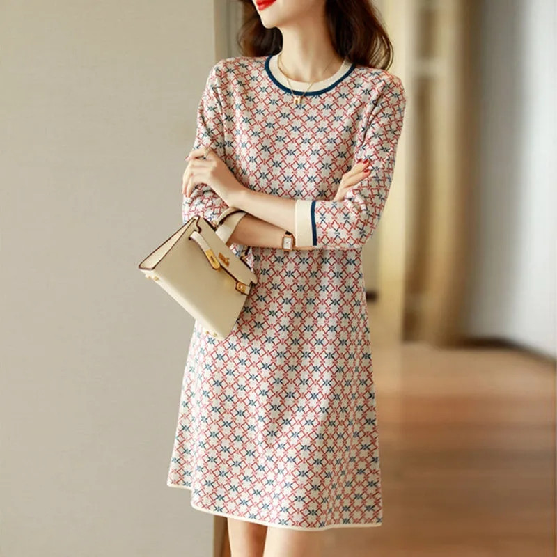 2023 NEW Ladies Dress Mid-Long Spring Autumn Printing Thin Fashion Dresses Round Collar Elegant Women’s Dress With Seven Sleeves alx