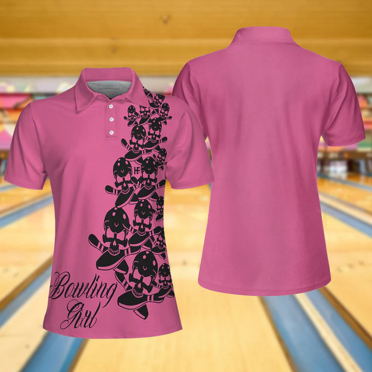 Bowling Girl Skull Short Sleeve Women Polo Shirt, Pink Skull Pattern Bowling Shirt For Female Players Coolspod