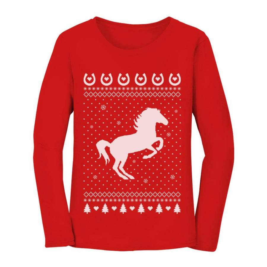 Ugly Christmas Sweater Love Horses Women Long Sleeve T-Shirt