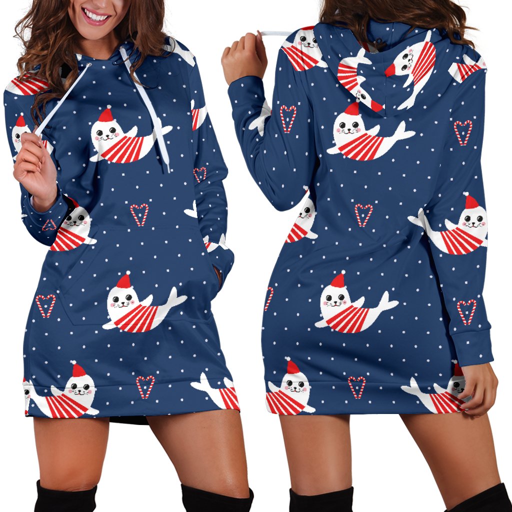 Cute Sea Lion Seal Christmas Hat Candy Cane Heart Pattern Women’S Hoodie Dress