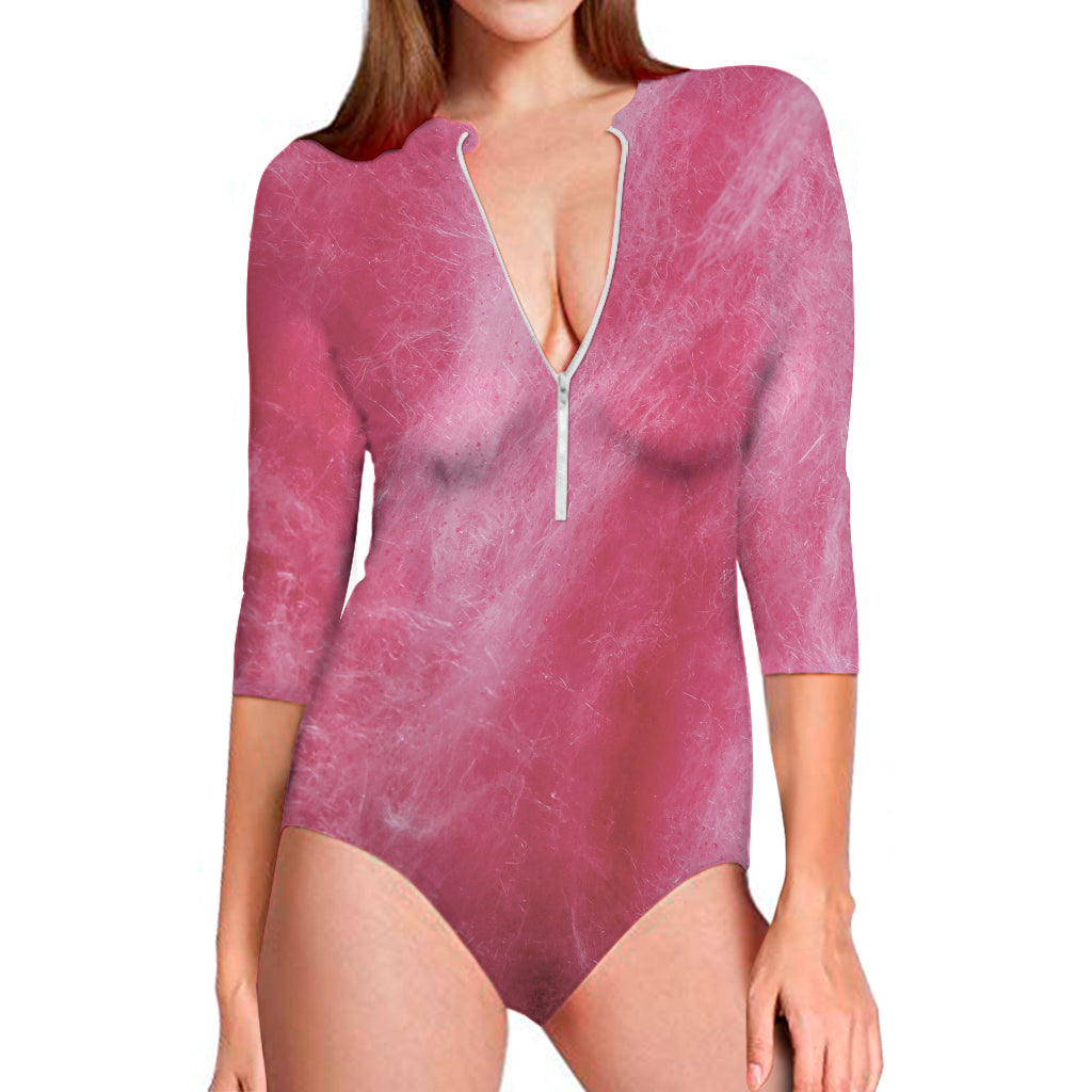 Pink Cotton Candy Print Long Sleeve One Piece Swimsuit