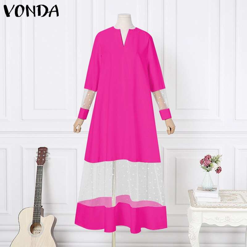 VONDA Spring Polka Dot Vestidos Female Sundress V Neck Long Sleeve Party Dress Women Casual Lace Patchwork Pleated Robe Oversize alx