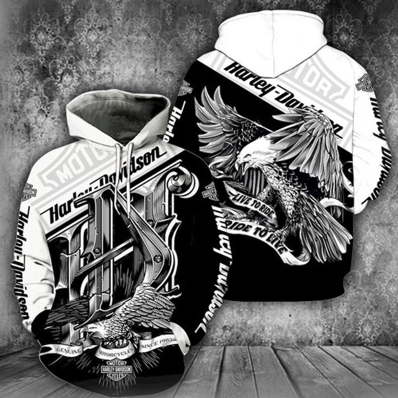 Harley Davidson For Men And Women Black And White Eagle Live To Ride Ride To Live 3D Hoodie N98