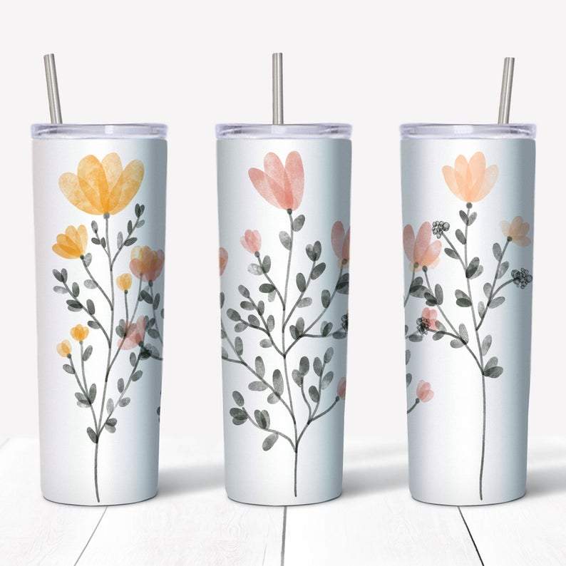 20oz Skinny Tumbler, Pretty Pastel Flowers Tumbler, Floral Tumbler, Flowers On Tumbler, Gift For Mom, 20oz Stainless Steel Tumbler - By Blueshirtfarm