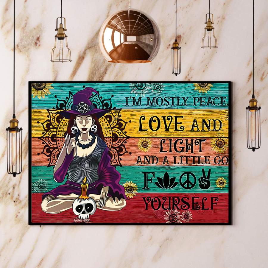 Yoga witch peace love and light Halloween paper poster no frame/ wrapped canvas wall decor full size