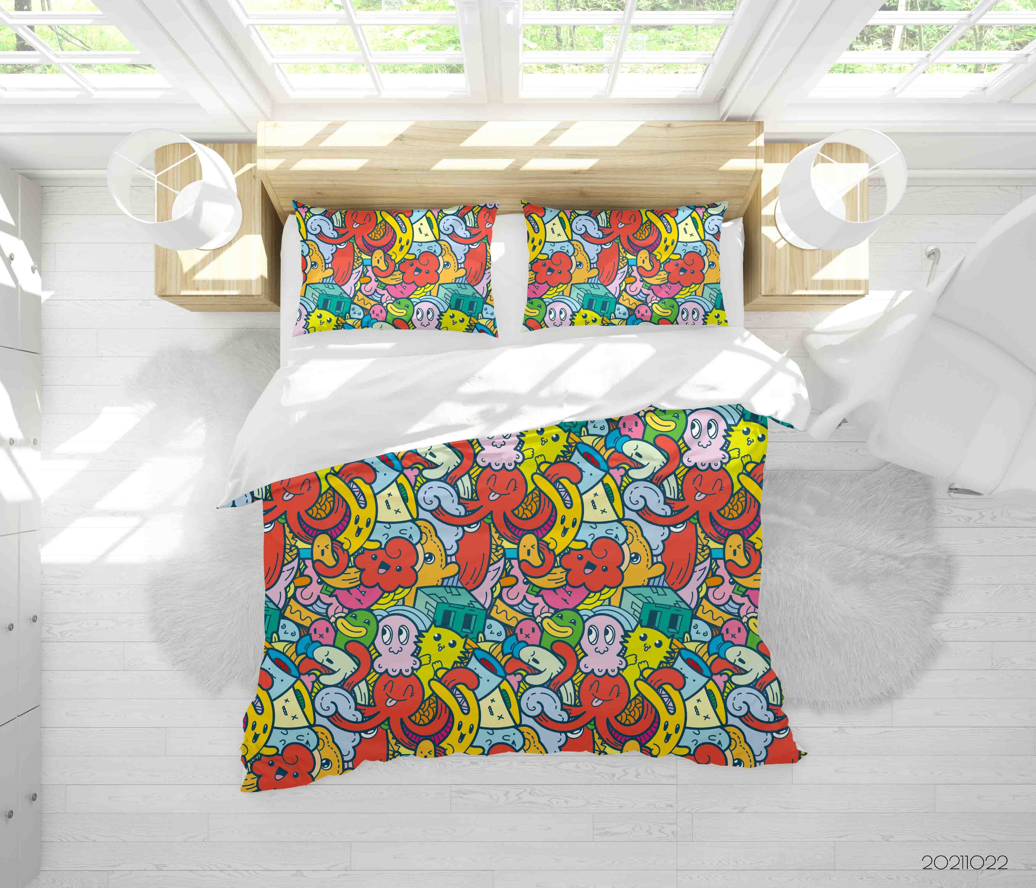 3D Colored Animal Octopus Doodle Quilt Cover Set Bedding Set Duvet Cover Pillowcases 34