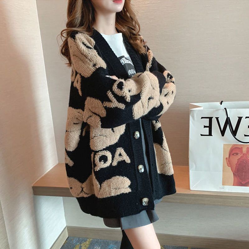 2021 winter knitted women’s cardigan loose Street knitted sweater coat lovely cartoon embroidery V-neck cardigan women’s jacket alx