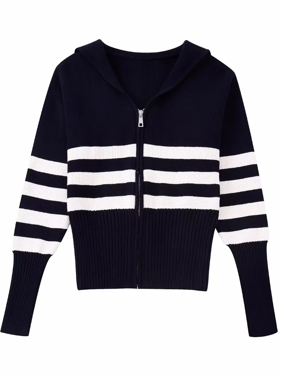 Women Fashion Striped Knitted Outerwear 2022 New Full Lantern Sleeves Waist Zipper Double-Layer Collar Casual Female Sweater alx