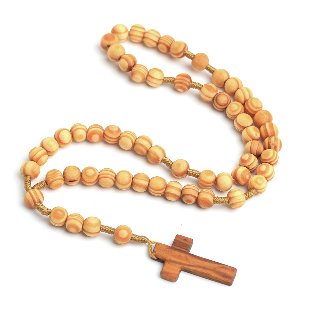 Wooden Bead Catholic Rosary Christ Jesus Crucifix Cross Pendant Necklace Men Women Religious Prayer Jewelry alx