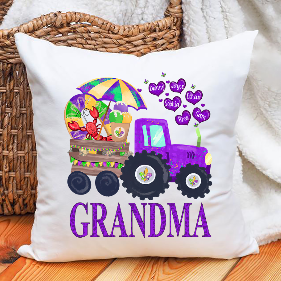 Personalized Grandma And Grandkids Hearts Tractor Gift Mardi Gras Indoor Pillow