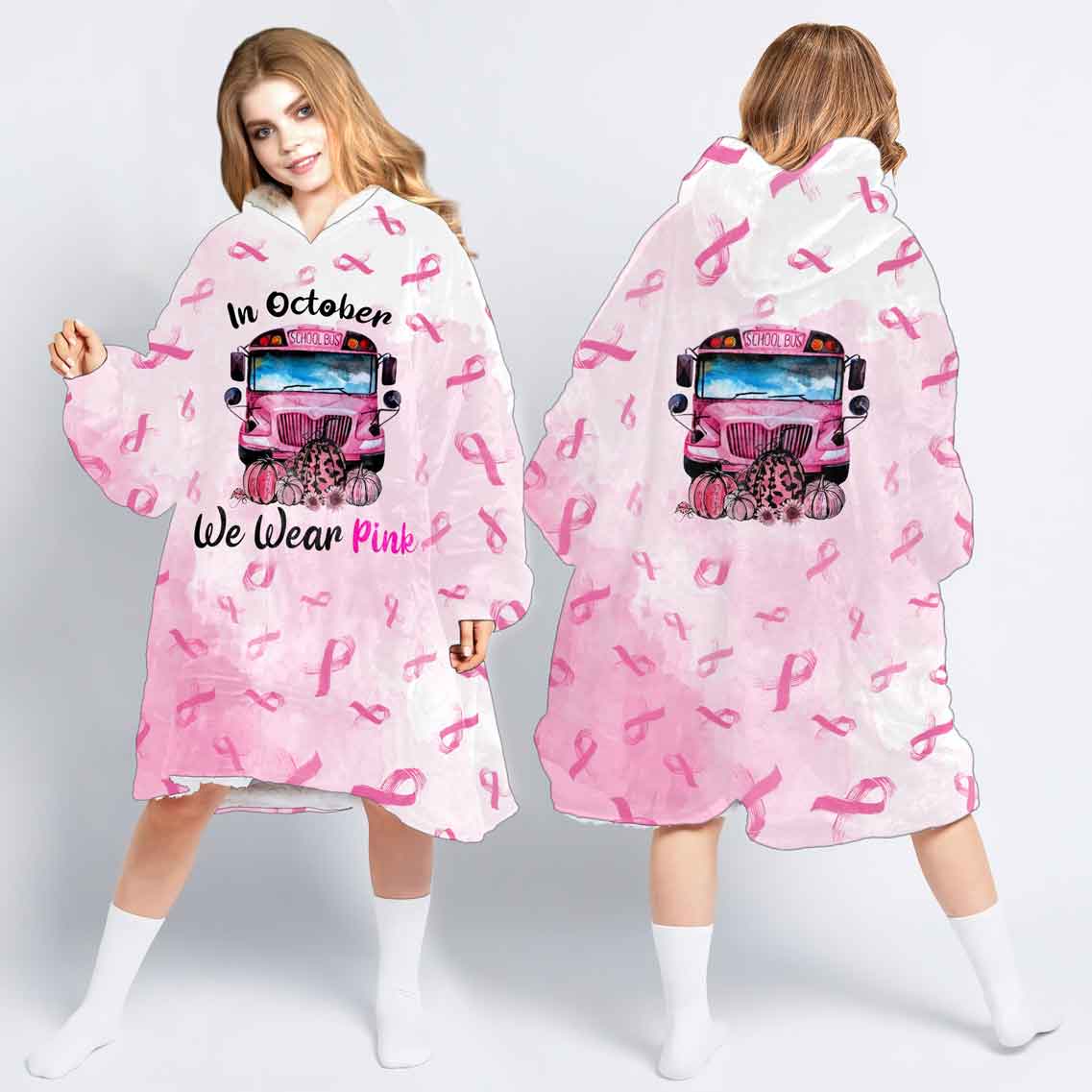 Halloween Gift Breast Cancer Warrior Gift In October We Wear Pink School Bus Breast Cancer Wearable Blanket Snug Hoodie For Teens And Adults Nhd