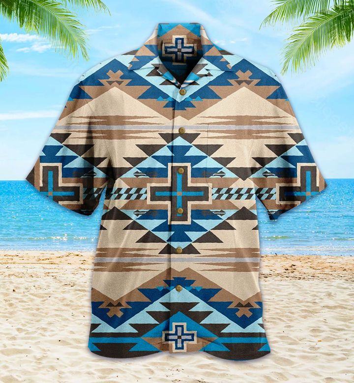 Native American Tan Blue Hawaii Shirt Ha85752