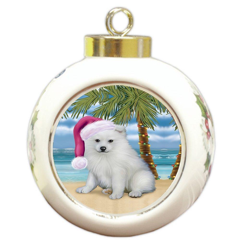 Summertime American Eskimo Puppy On Beach Christmas Round Ball Ornament Por1022